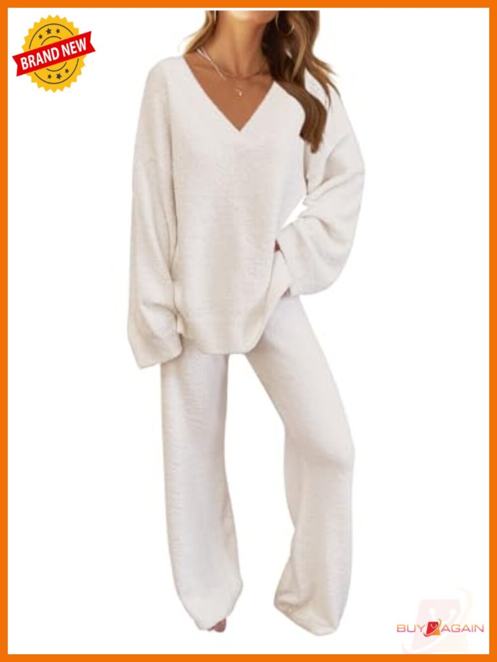Women's Fleece 2 Piece Pajama Lounge Set Long Sleeve V-Neck Wide Leg Pants